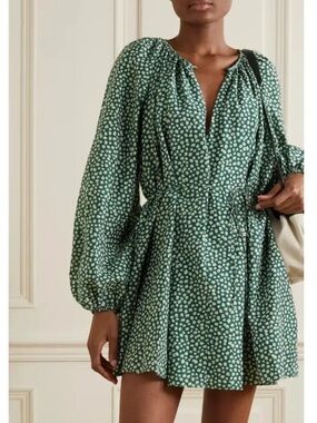 Matteau Green Printed V-Neck Long-Sleeve Mini Dress